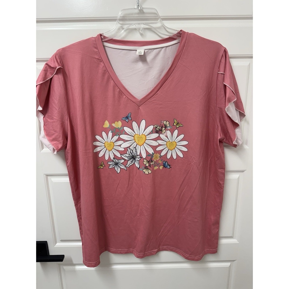 Pink Daisy Womens 1X Top Blouse V-neck Pink Floral Flutter Sleeve Stretch A6